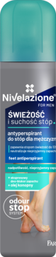 Nivelazione men, antyperspirant do stóp, szara butelka z turkusowym akcentem, napis 'Świeżość i suchość stóp', system odour stop.