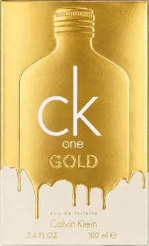 Calvin Klein CK One Gold woda toaletowa 100ml, złote pudełko z motywem spływającego złota, widok z przodu.