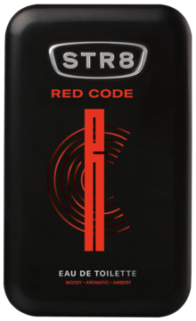 Czarna woda toaletowa STR8 Red Code dla mężczyzn, z czerwonym logo RC i nazwą na przodzie butelki.