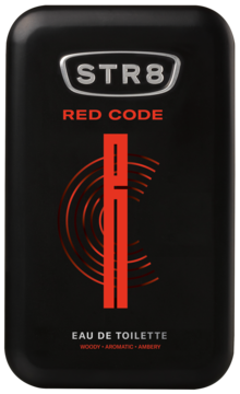 Czarna woda toaletowa STR8 Red Code dla mężczyzn, z czerwonym logo RC i nazwą na przodzie butelki.