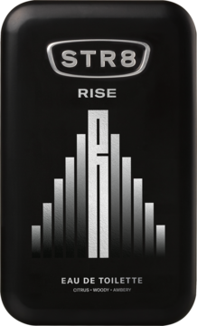 STR8 Rise EDT, czarny matowy flakon ze srebrnym logo i pionową grafiką, widok z przodu, zapach cytrusowo-drzewno-ambrowy.