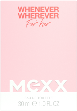 Różowe opakowanie perfum MEXX Whenever Wherever For her 30ml z białymi napisami, widok przodem.