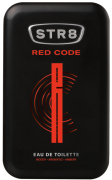 STR8 Red Code woda toaletowa męska, czarna, metalowa, prostokątna puszka z czerwonymi napisami, widok z przodu.