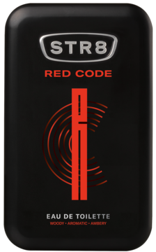 STR8 Red Code woda toaletowa męska, czarna, metalowa, prostokątna puszka z czerwonymi napisami, widok z przodu.