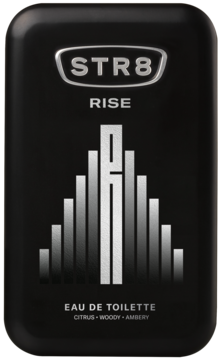 STR8 Rise Eau de Toilette: czarna butelka z srebrnym logo i grafiką stylizowanych wieżowców, widok z przodu.