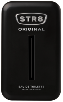 STR8 Original Eau de Toilette w czarnym, eleganckim flakonie z pionową linią i srebrnym logo, widok z przodu.