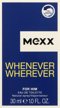 Woda toaletowa Mexx Whenever Wherever dla mężczyzn, 30ml, granatowe pudełko, żółty napis, Time Release, widok z przodu.