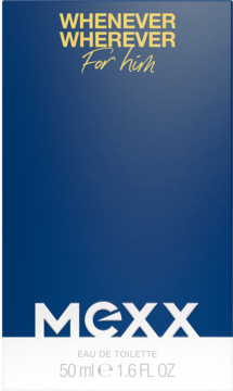 Granatowe pudełko MEXX Whenever Wherever For Him 50ml Eau de Toilette, z żółtymi i białymi napisami, widok z przodu.