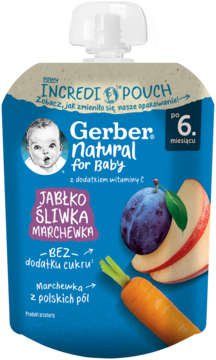 Niebieski deserek Gerber INCREDI POUCH, jabłko śliwka marchewka, od 6. miesiąca, bez cukru. Widok przodu.