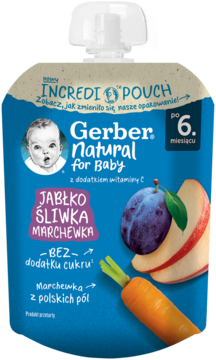Niebieski deserek Gerber INCREDI POUCH, jabłko śliwka marchewka, od 6. miesiąca, bez cukru. Widok przodu.