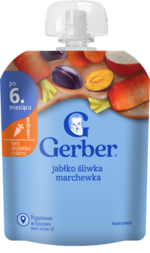 Deserek Gerber jabłko-śliwka-marchewka, niebieska saszetka dla niemowląt po 6. miesiącu, widok przód.