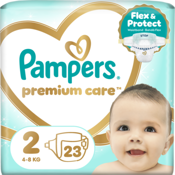 Pampers Premium Care pieluszki, rozmiar 2 (4-8 kg), 23 sztuki. Turkusowe opakowanie z napisem 'Flex & Protect' i uśmiechniętym dzieckiem.