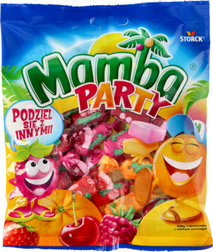 Niebieska torba Mamba Party z owocowymi żelkami, widok z przodu. Kolorowe owoce i uśmiechnięte postacie.