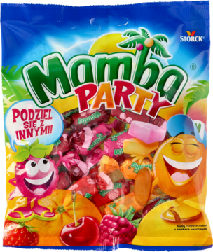 Niebieska torba Mamba Party z owocowymi żelkami, widok z przodu. Kolorowe owoce i uśmiechnięte postacie.