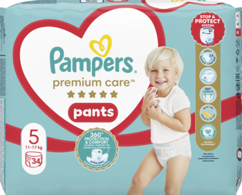 PAMPERS Premium Care ,pieluchomajtki, 5, 11-17 kg,przód