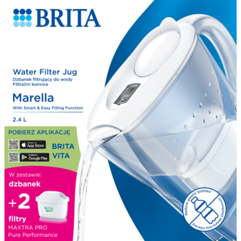 BRITA Marella dzbanek filtrujący wodę, biały, z 2 filtrami MAXTRA PRO, lejący wodę, z opakowaniem.