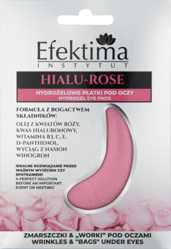 Opakowanie Efektima Hialu-Rose, różowe hydrożelowe płatki pod oczy na zmarszczki i worki, z kwasem hialuronowym.