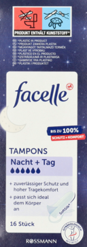 Granatowe pudełko tamponów Facelle Nacht + Tag, 16 sztuk, z księżycem i informacją o plastiku.