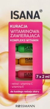 Białe opakowanie Isana Kuracja Witaminowa 7x2ml. Różowy panel ukazuje ampułki z retinolem, wit. C i E dla każdego typu skóry.