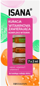 Białe pudełko Isana Vitamin Booster, kuracji witaminowej z retinolem, wit. C i E w ampułkach 7x2ml, z różową etykietą.