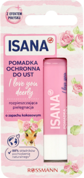 Isana Pomadka ochronna I love you deerly, różowa, z efektem połysku i zapachem kokosowym, widok z przodu.