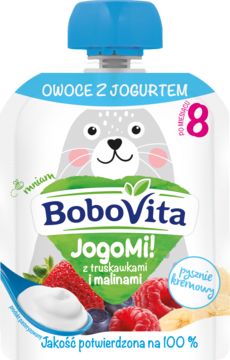 BOBOVITA JogoMI! ,deserek w tubce, Jogurt z truskawkami i malinami, 8m+,przód