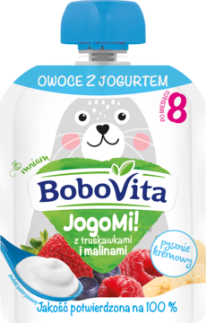 BoboVita JogoMi! deserek owocowo-jogurtowy 8+ z truskawkami i malinami, saszetka z foczką, przód.