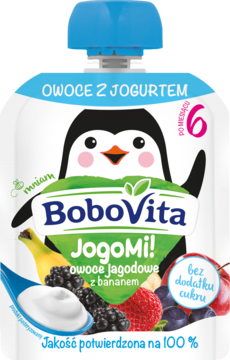 BoboVita JogoMi! deserek owocowy z jogurtem, owoce jagodowe i banan, w saszetce z pingwinem, widok z przodu.