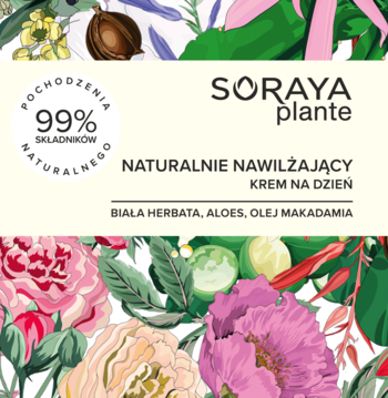 Opakowanie SORAYA plante naturalnego kremu na dzień z kwiatowym wzorem, 99% naturalnych składników, biała herbata.
