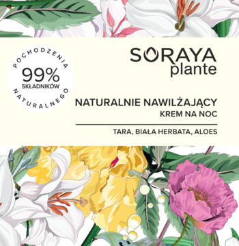 SORAYA Plante krem nawilżający na noc, 99% natury, z tarą, białą herbatą, aloesem, na jasnym tle w kwiaty.