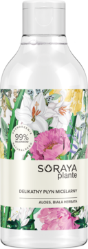 Soraya Plante Płyn Micelarny, 99% naturalnego pochodzenia, przezroczysta butelka z kwiatowym wzorem.