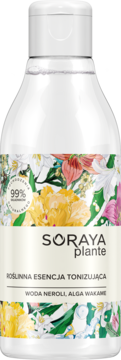 Soraya Plante tonizująca esencja z neroli i wakame w przezroczystej butelce z kwiatową etykietą.