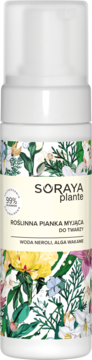Biała butelka pianki SORAYA Plante do twarzy (99% naturalna), z kwiatowym wzorem, widok z przodu.