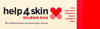 Opakowanie Help4Skin Gojenie ran, białe z czarno-czerwonym napisem i czerwonym logo serca, widok przodu.