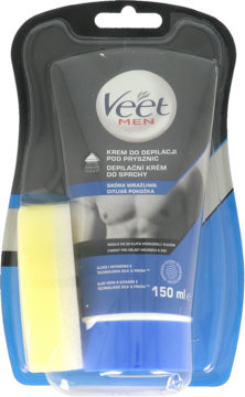 Veet MEN krem do depilacji pod prysznic dla skóry wrażliwej, czarno-niebieska tuba 150ml z gąbką, w blistrze.