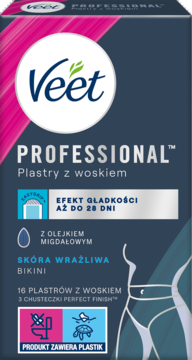 Veet PROFESSIONAL plastry z woskiem do depilacji bikini, skóra wrażliwa. Opakowanie z olejkiem migdałowym, widok z przodu.