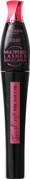 Tusz do rzęs Bourjois Twist Up the Volume, czarna tubka z różową nakrętką i etykietą, widok z przodu.