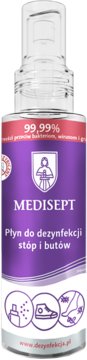 MEDISEPT płyn do dezynfekcji stóp i butów, przezroczysty spray z fioletową etykietą, widok z przodu.