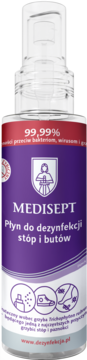 MEDISEPT Płyn do dezynfekcji stóp i butów, biało-fioletowy spray, widok z przodu, zabija 99,99% zarazków.