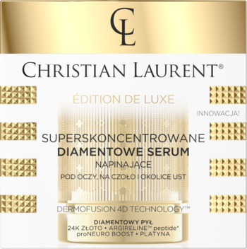 Christian Laurent Superskoncentrowane Diamentowe Serum Napinające, złoto-biała butelka, widok z przodu.