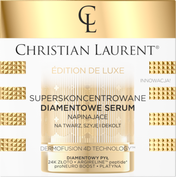 Christian Laurent ÉDITION DE LUXE Diamentowe Serum Napinające do twarzy, szyi. Złote tło, biały design. Widok z przodu.