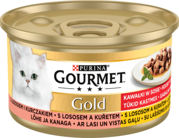 PURINA GOURMET Gold ,karma pełnoporcjowa mokra dla dorosłych kotów, kawałki w sosie, z łososiem i kurczakiem,przód