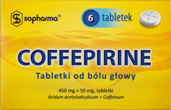 COFFEPIRINE, żółte opakowanie tabletek na ból głowy (kwas acetylosalicylowy, kofeina), 6 sztuk, widok z przodu.