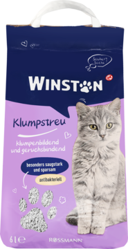 Winston Klumpstreu, fioletowy worek zbrylającego żwirku dla kota z szarym kotem, widok z przodu.