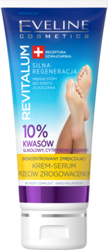 Eveline Revitalum, skoncentrowany krem-serum do stóp z 10% kwasami, niebieska tubka z grafiką stóp.