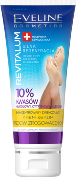 Eveline Revitalum, skoncentrowany krem-serum do stóp z 10% kwasami, niebieska tubka z grafiką stóp.