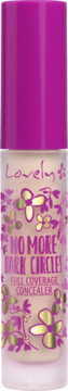 Lovely No More Dark Circles, full coverage korektor pod oczy w beżowej butelce z fioletową nakrętką, widok z przodu.