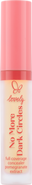Lovely No More Dark Circles concealer, różowa nakrętka, beżowa tubka, widok z przodu, ekstrakt z granatu.