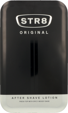 STR8 Original After Shave Lotion w smukłej, czarnej butelce z białym spodem, widok z przodu, srebrne logo STR8.