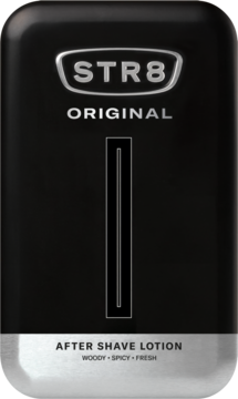 STR8 Original After Shave Lotion o drzewnym zapachu, czarna butelka ze srebrnym logo i pionową linią, przód.